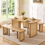 55â Solid Rubber Wood Dining Table Set Boho Rectangular Dining Table with 2 Benches-Natural