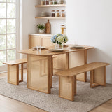 55â Solid Rubber Wood Dining Table Set Boho Rectangular Dining Table with 2 Benches-Natural