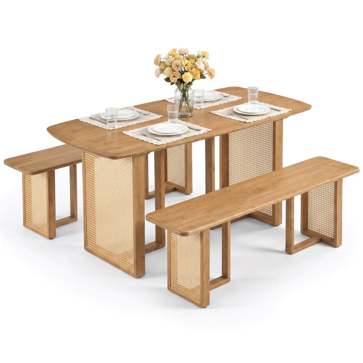 55â Solid Rubber Wood Dining Table Set Boho Rectangular Dining Table with 2 Benches-Natural