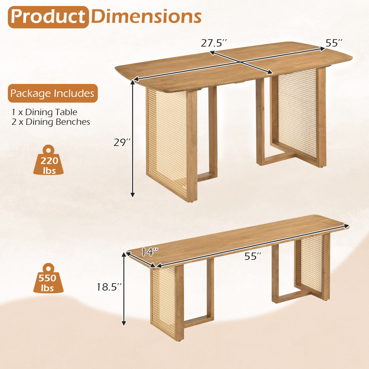 55â Solid Rubber Wood Dining Table Set Boho Rectangular Dining Table with 2 Benches-Natural