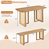55â Solid Rubber Wood Dining Table Set Boho Rectangular Dining Table with 2 Benches-Natural