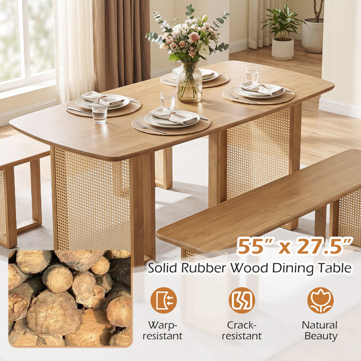55â Solid Rubber Wood Dining Table Set Boho Rectangular Dining Table with 2 Benches-Natural