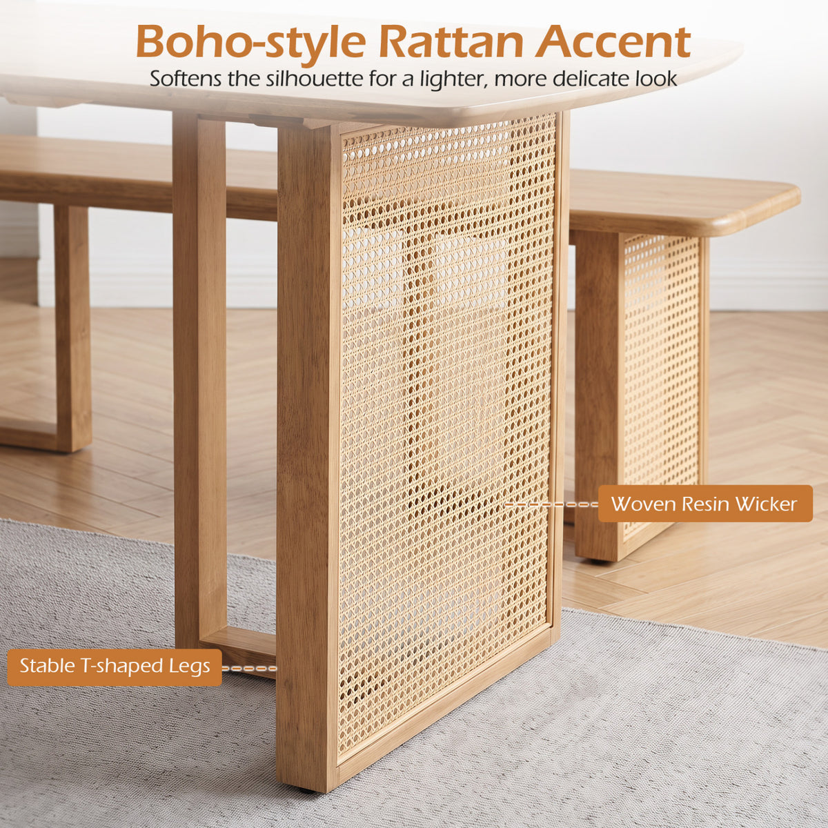 55â Solid Rubber Wood Dining Table Set Boho Rectangular Dining Table with 2 Benches-Natural