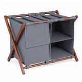 27" Bamboo Luggage Rack with 5 Nylon Straps and Compartments for Guest Room Hotel-Walnut & Grey