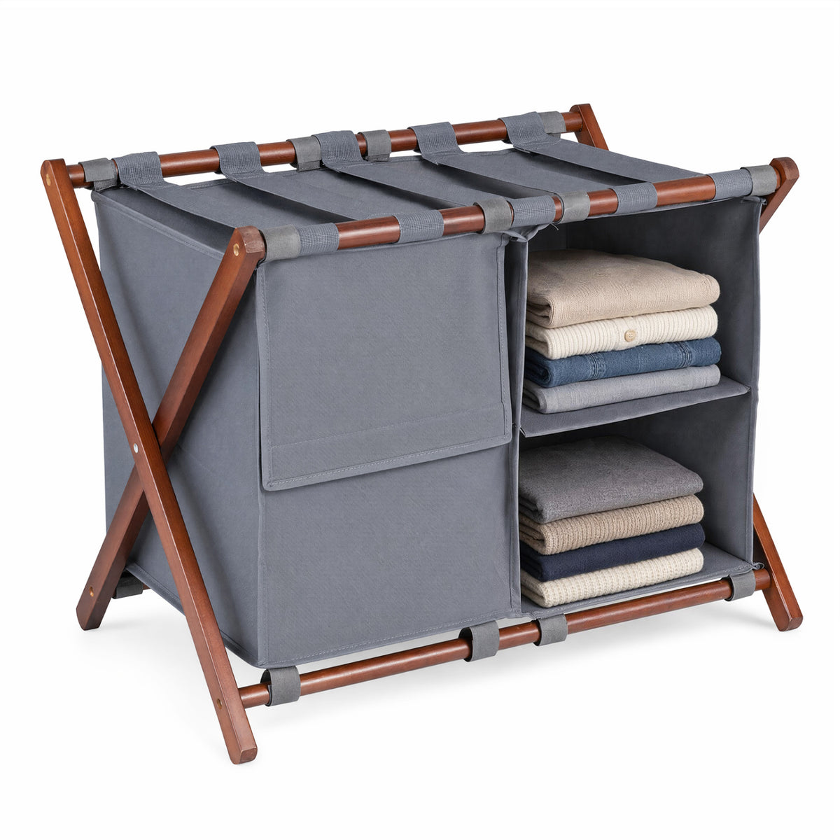 27" Bamboo Luggage Rack with 5 Nylon Straps and Compartments for Guest Room Hotel-Walnut & Grey