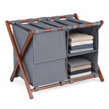 27" Bamboo Luggage Rack with 5 Nylon Straps and Compartments for Guest Room Hotel-Walnut & Grey