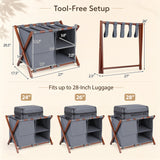 27" Bamboo Luggage Rack with 5 Nylon Straps and Compartments for Guest Room Hotel-Walnut & Grey