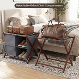 27" Bamboo Luggage Rack with 5 Nylon Straps and Compartments for Guest Room Hotel-Walnut & Grey