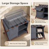 27" Bamboo Luggage Rack with 5 Nylon Straps and Compartments for Guest Room Hotel-Walnut & Grey