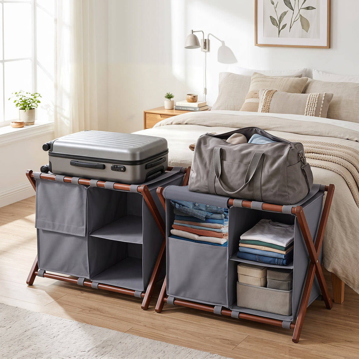 27" Bamboo Luggage Rack Set of 2 with 5 Nylon Straps and Compartments for Hotel-Walnut & Gray