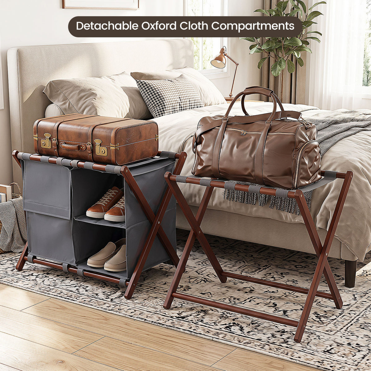 27" Bamboo Luggage Rack Set of 2 with 5 Nylon Straps and Compartments for Hotel-Walnut & Gray