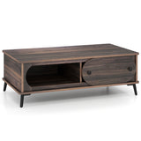 Modern Wooden Center Table with 2 Compartments and Sturdy Metal Legs for Living Room-Walnut