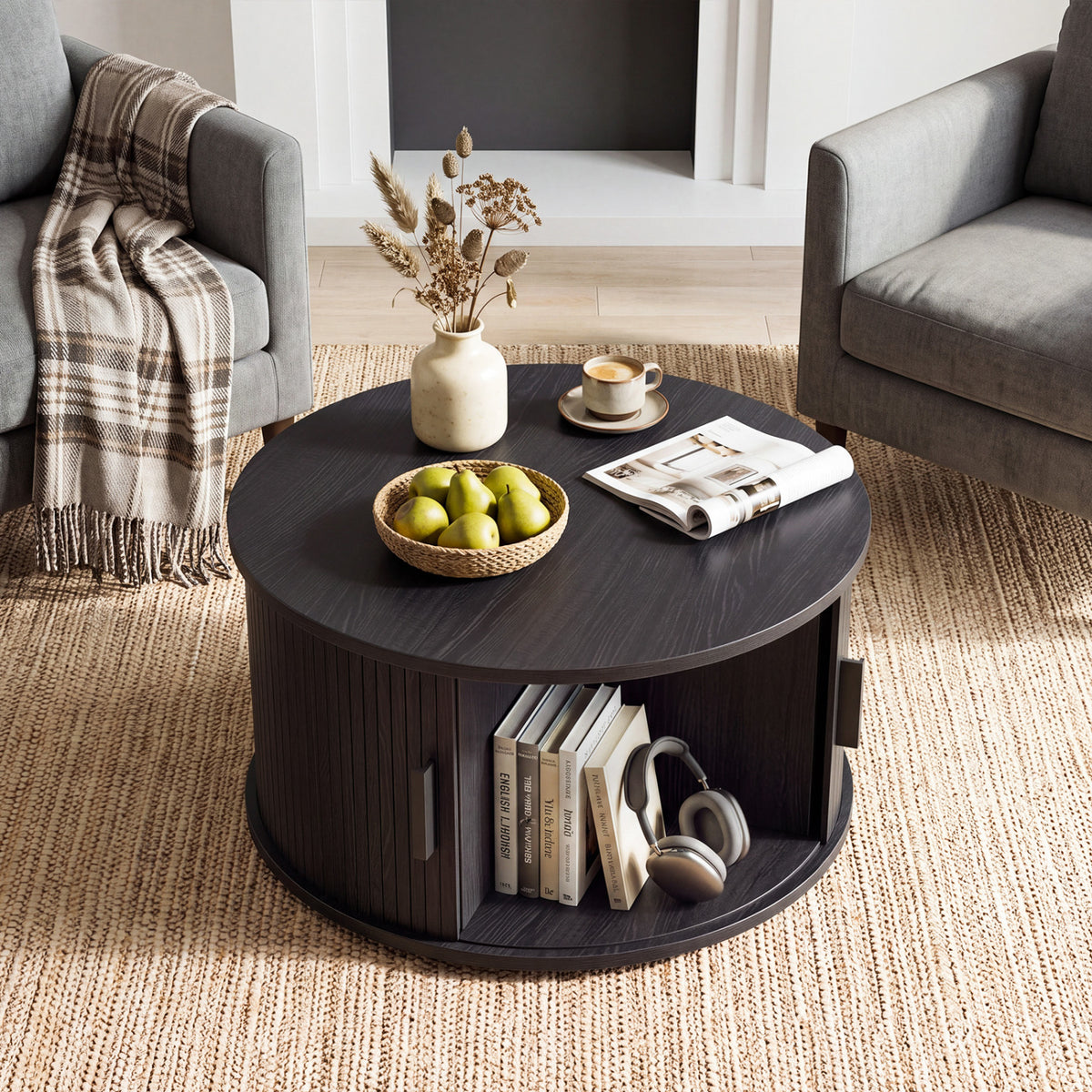 31.5" Round Coffee Table with Storage and Sliding Tambour Door for Living Room