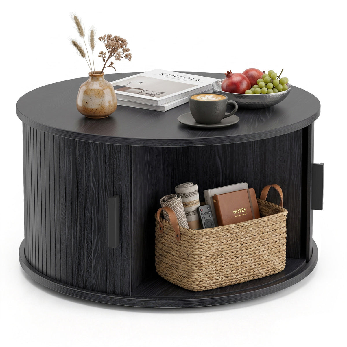 31.5" Round Coffee Table with Storage and Sliding Tambour Door for Living Room