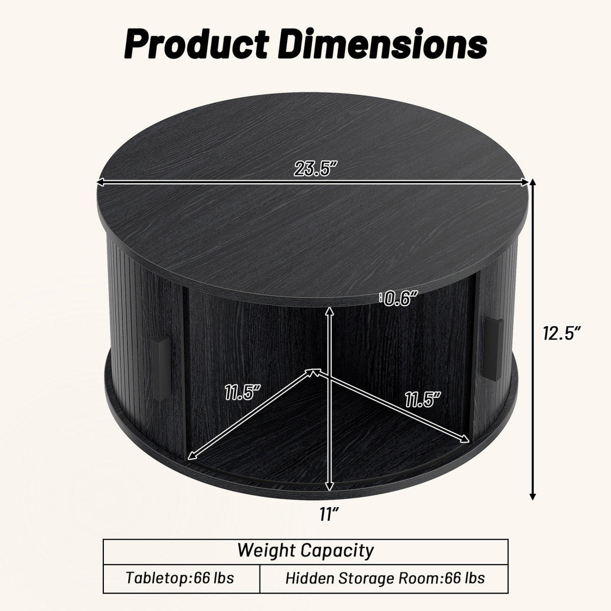 31.5" Round Coffee Table with Storage and Sliding Tambour Door for Living Room