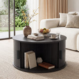 31.5" Round Coffee Table with Storage and Sliding Tambour Door for Living Room