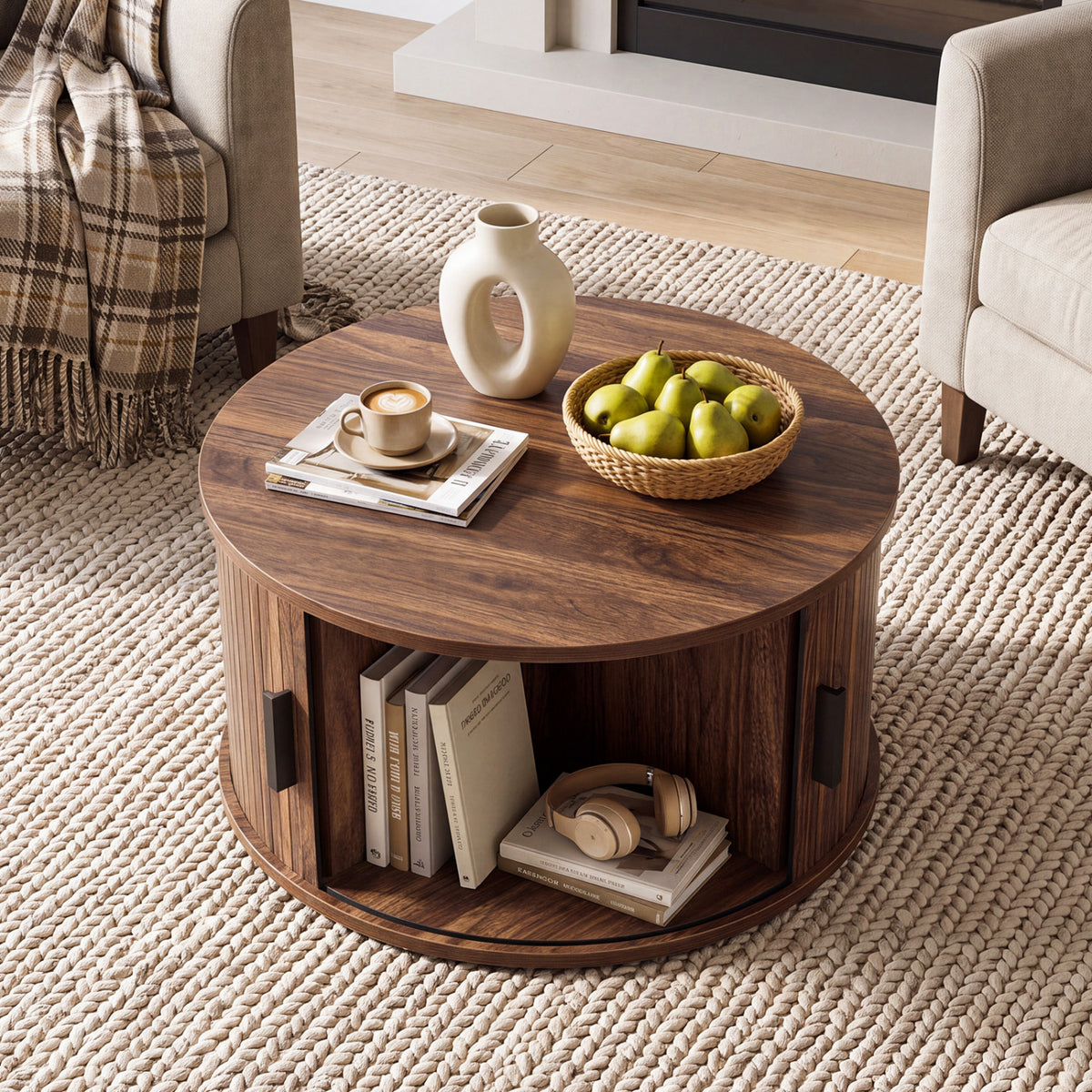 31.5" Round Coffee Table with Storage and Sliding Tambour Door for Living Room