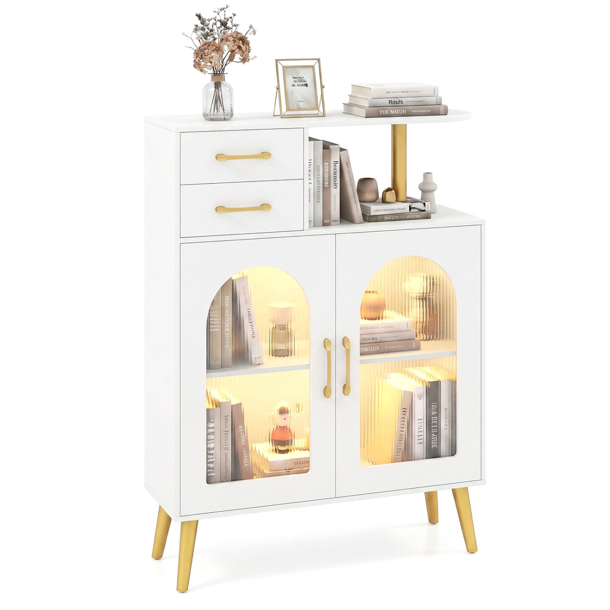 Modern Buffet Cabinet Sideboard with Translucent Doors and Open Shelf-White