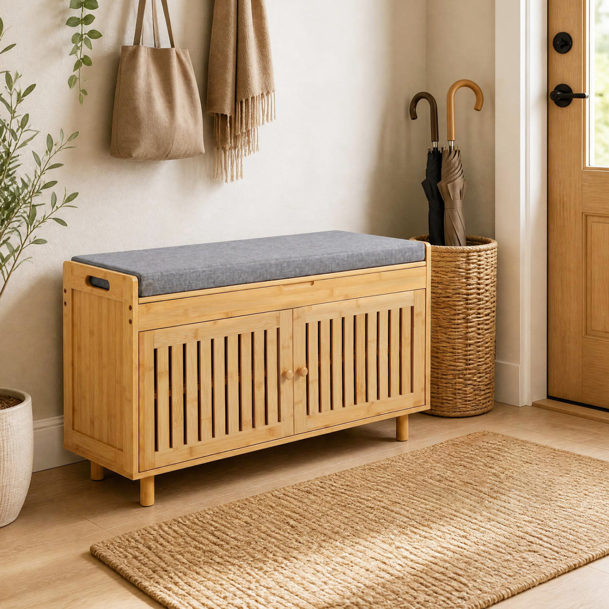 36" Bamboo Shoe Storage Bench with Lift Top and Cushion for Hallway-Natural