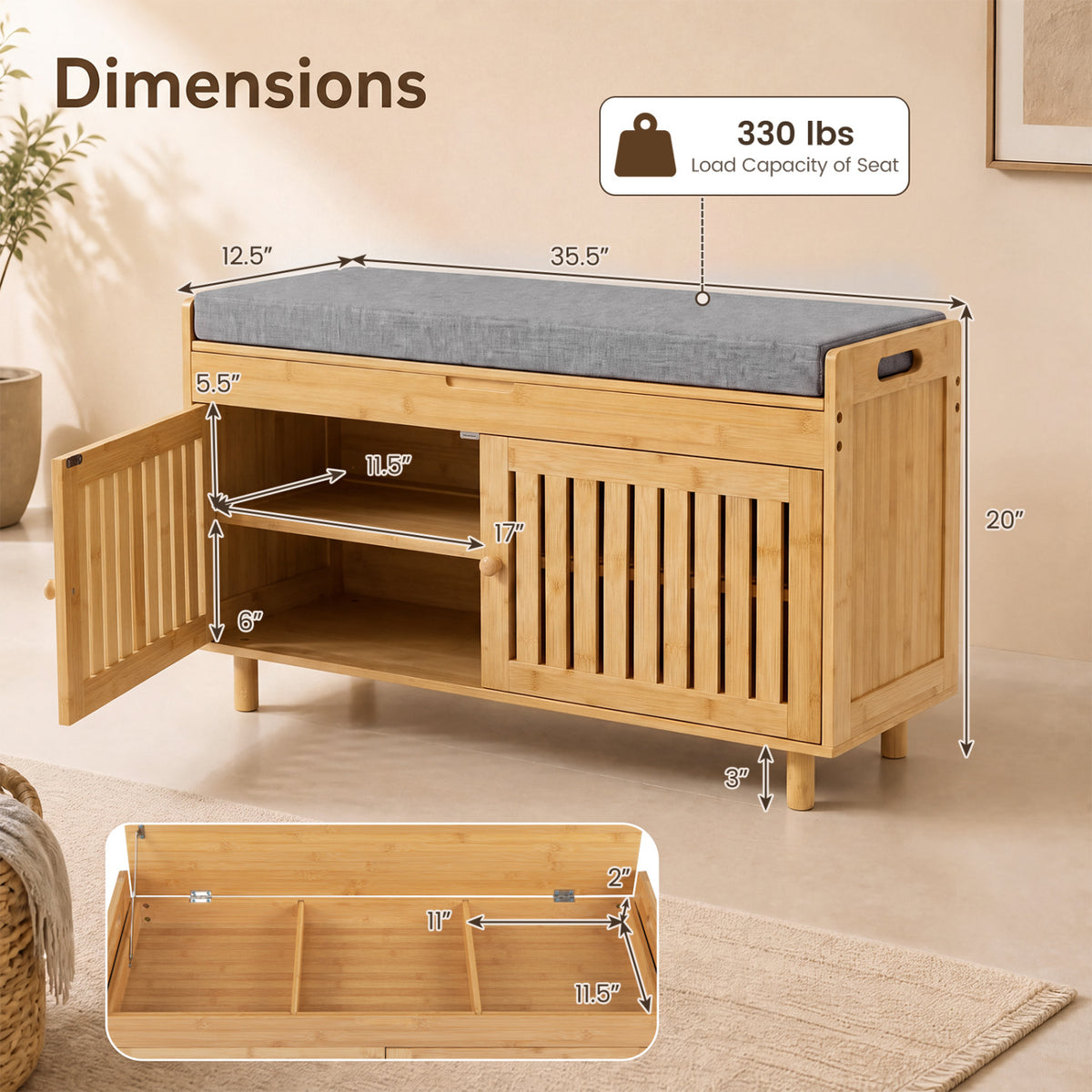 36" Bamboo Shoe Storage Bench with Lift Top and Cushion for Hallway-Natural