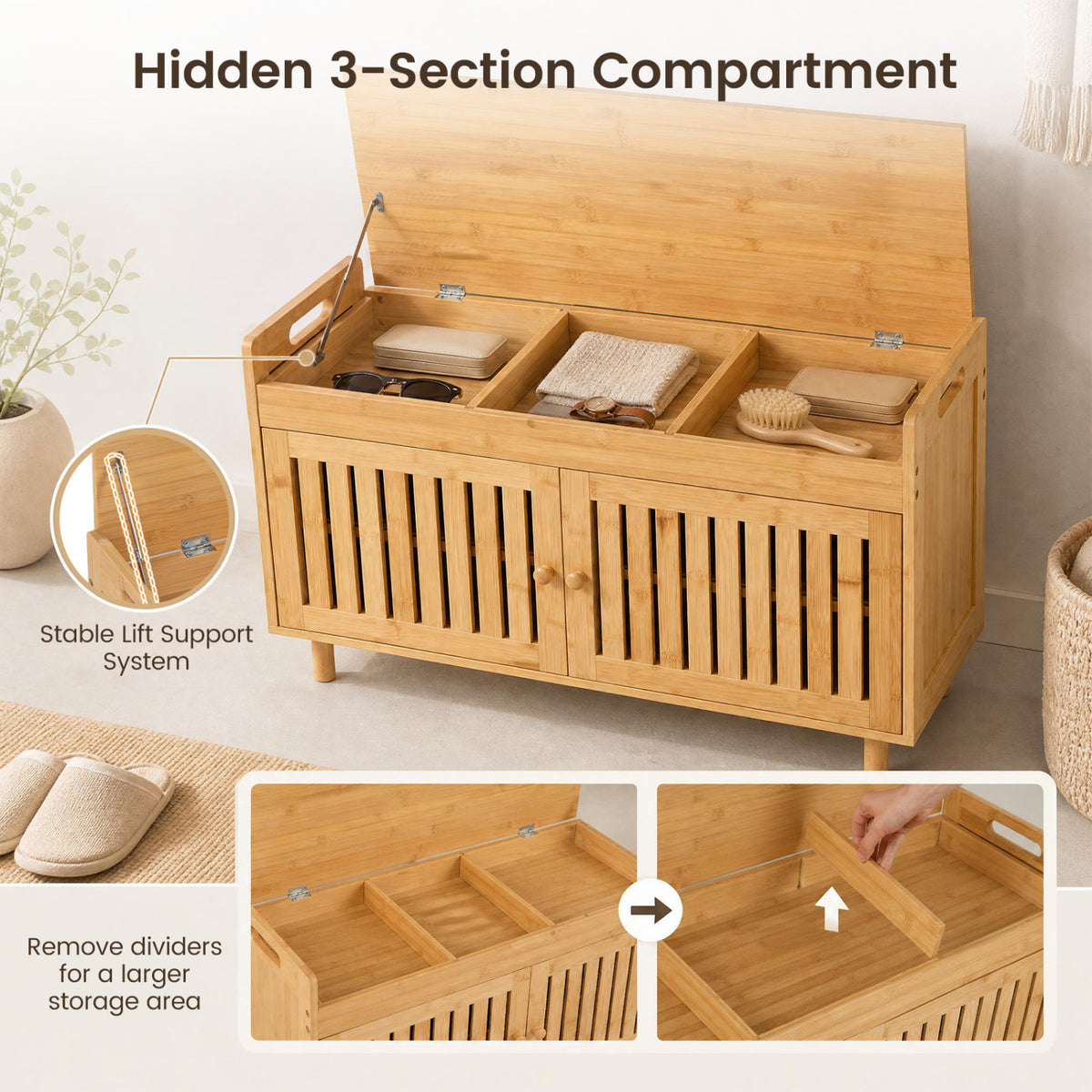 36" Bamboo Shoe Storage Bench with Lift Top and Cushion for Hallway-Natural
