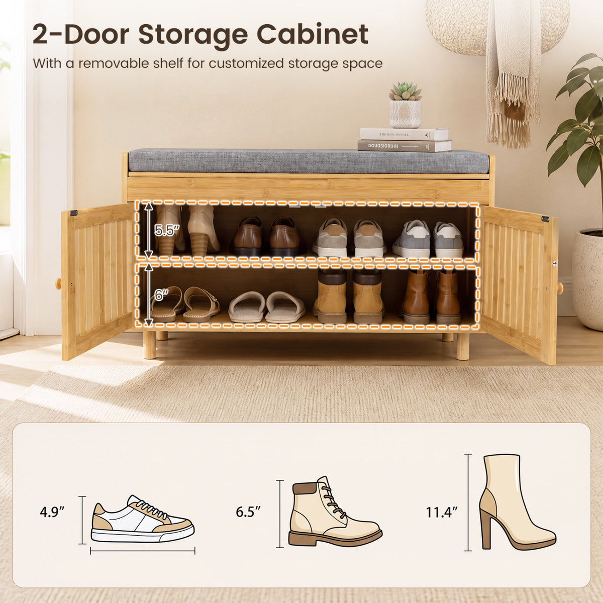 36" Bamboo Shoe Storage Bench with Lift Top and Cushion for Hallway-Natural