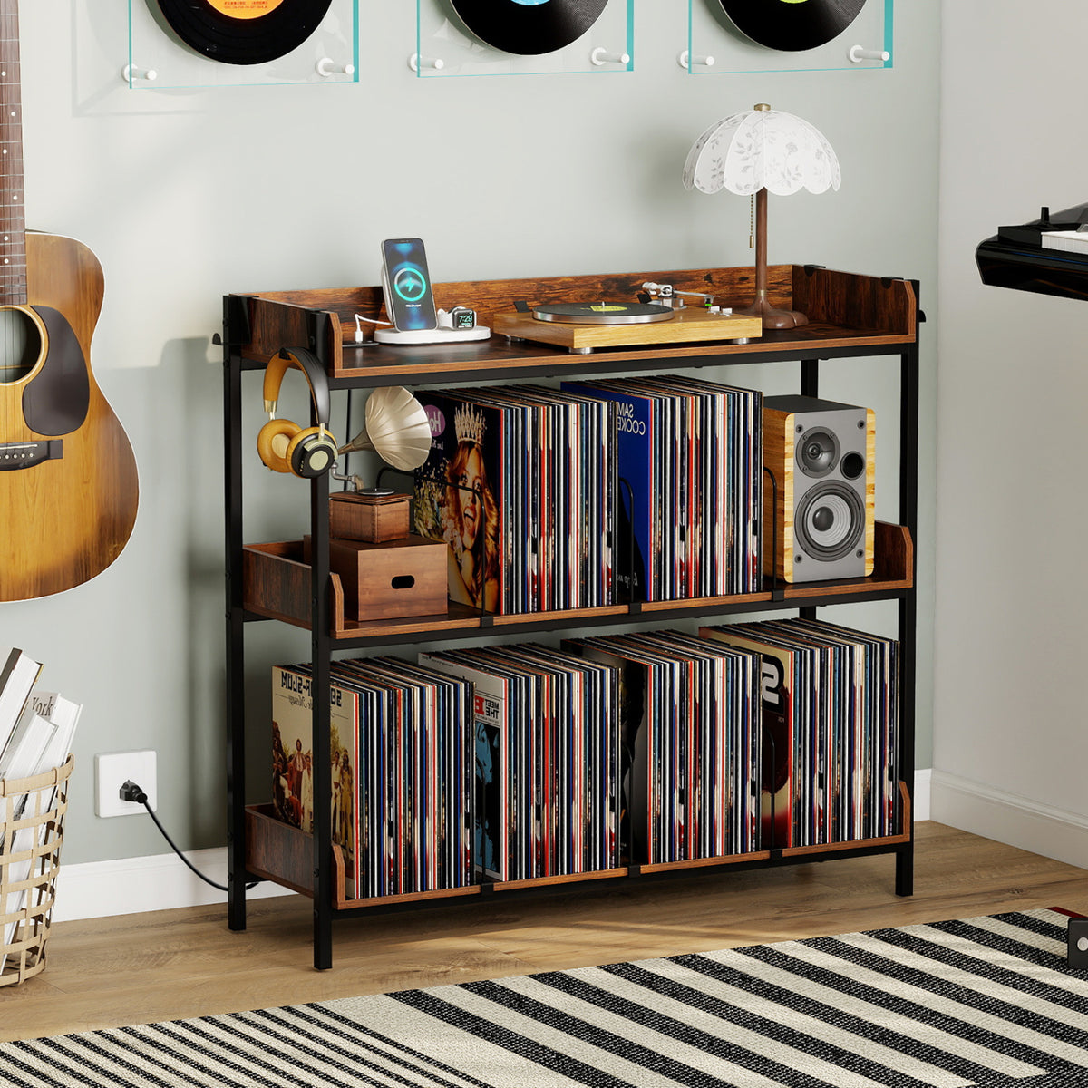 3-Tier Record Player Stand with Power Outlets and Metal Dividers-Rustic Brown