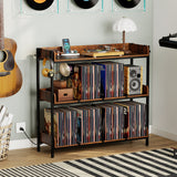 3-Tier Record Player Stand with Power Outlets and Metal Dividers-Rustic Brown