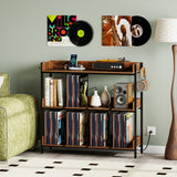 3-Tier Record Player Stand with Power Outlets and Metal Dividers-Rustic Brown