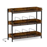 3-Tier Record Player Stand with Power Outlets and Metal Dividers-Rustic Brown