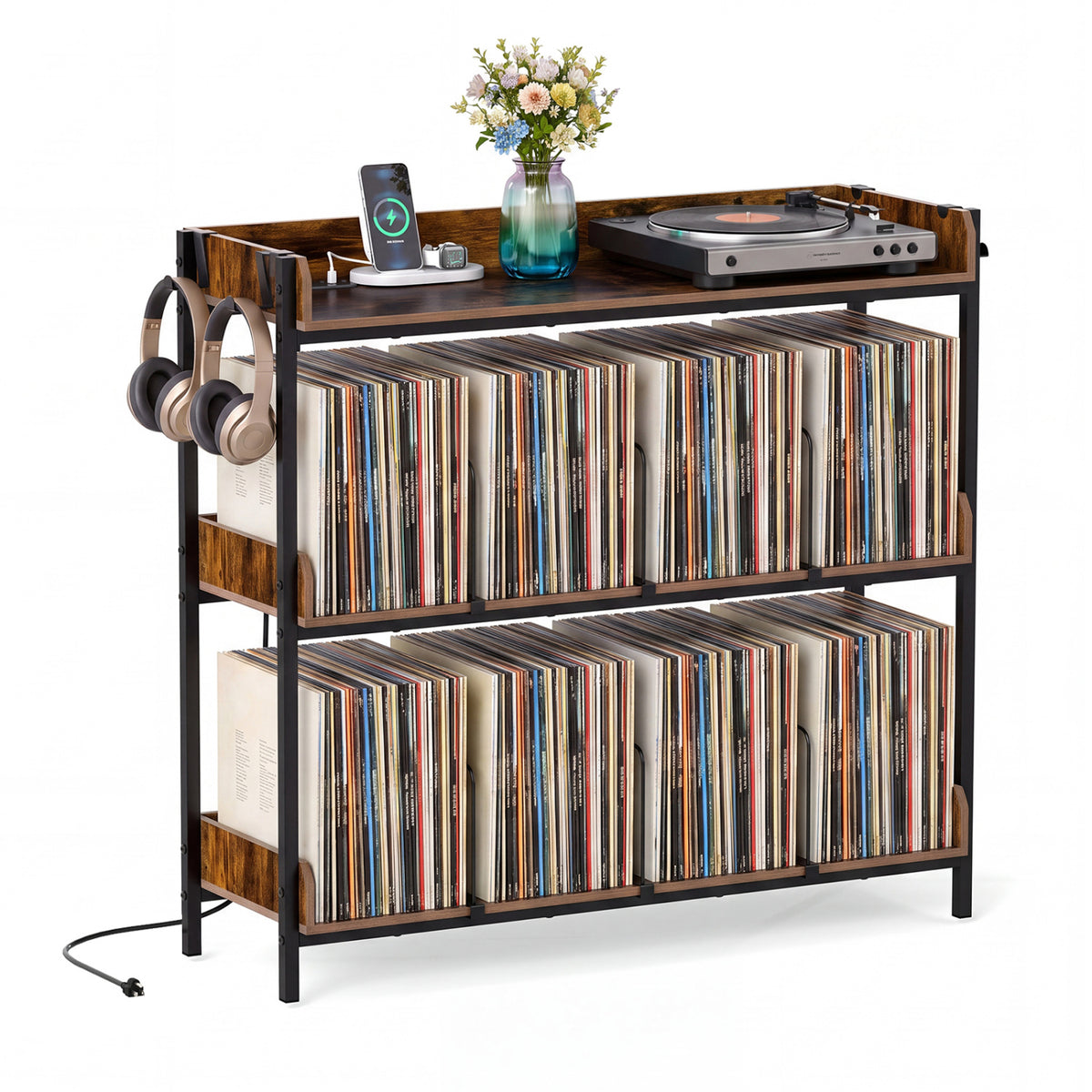 3-Tier Record Player Stand with Power Outlets and Metal Dividers-Rustic Brown