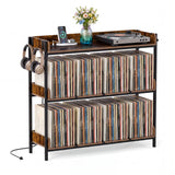 3-Tier Record Player Stand with Power Outlets and Metal Dividers-Rustic Brown