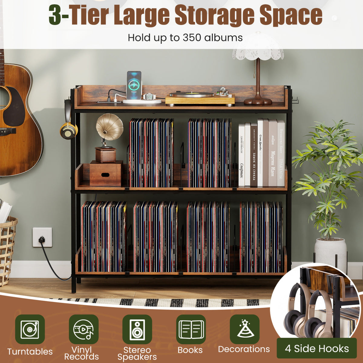 3-Tier Record Player Stand with Power Outlets and Metal Dividers-Rustic Brown
