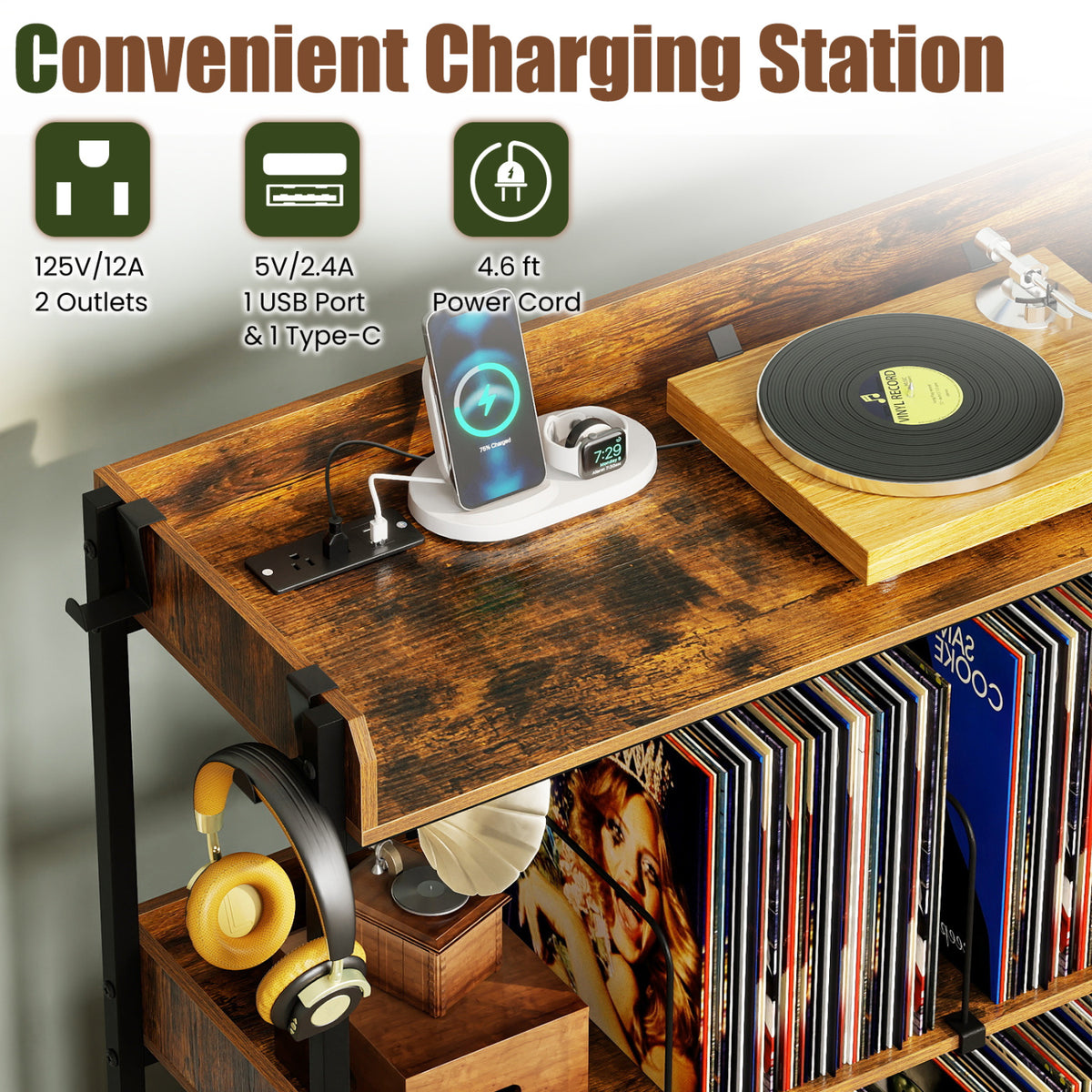 3-Tier Record Player Stand with Power Outlets and Metal Dividers-Rustic Brown