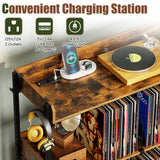3-Tier Record Player Stand with Power Outlets and Metal Dividers-Rustic Brown