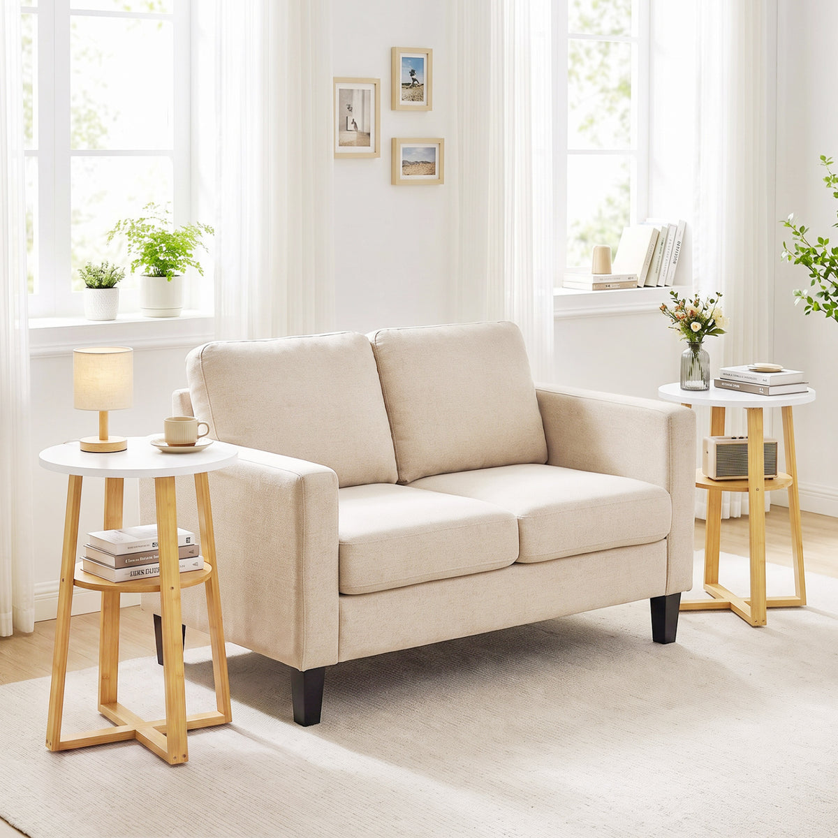 2-Tier End Tables Set of 2 with Lower Shelf X-shaped Base and Anti-Slip Foot Pads-White + Natural