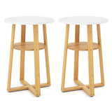 2-Tier End Tables Set of 2 with Lower Shelf X-shaped Base and Anti-Slip Foot Pads-White + Natural