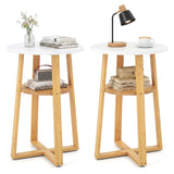 2-Tier End Tables Set of 2 with Lower Shelf X-shaped Base and Anti-Slip Foot Pads-White + Natural