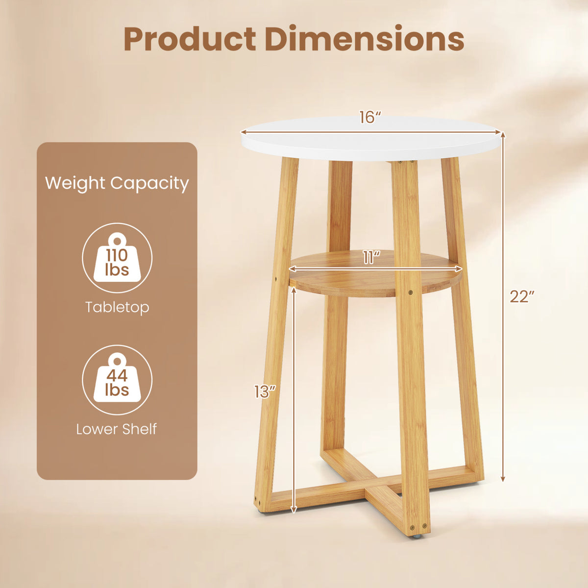 2-Tier End Tables Set of 2 with Lower Shelf X-shaped Base and Anti-Slip Foot Pads-White + Natural