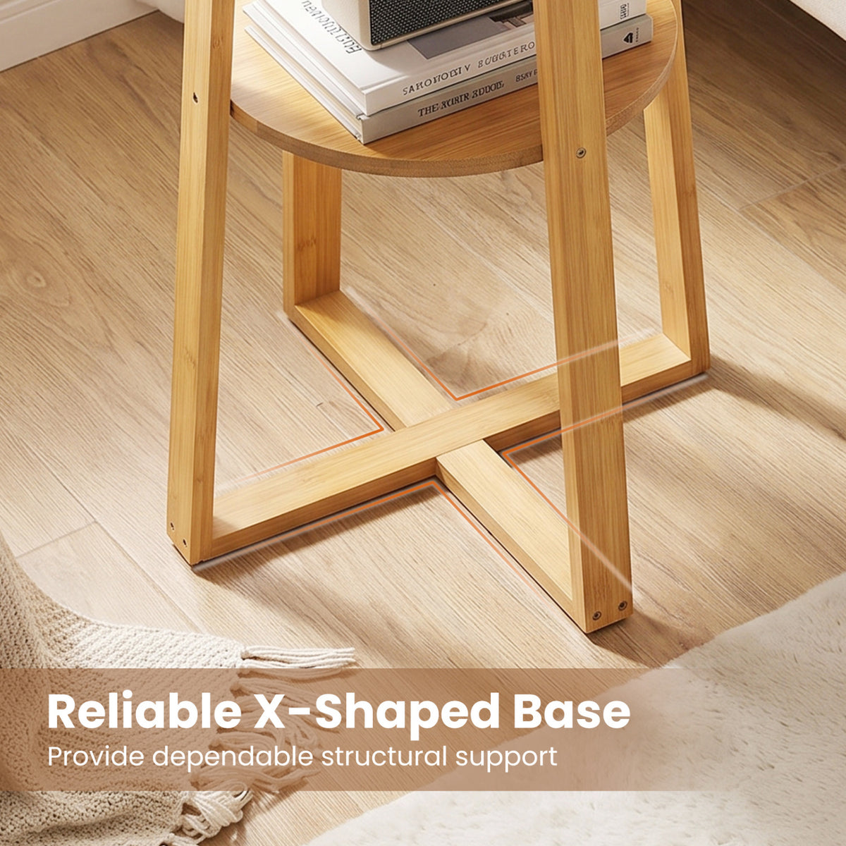 2-Tier End Tables Set of 2 with Lower Shelf X-shaped Base and Anti-Slip Foot Pads-White + Natural