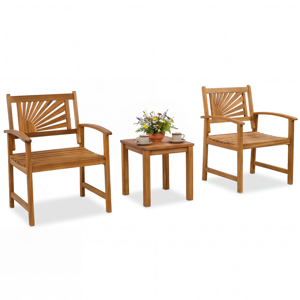 3-Piece Patio Acacia Wood Bistro Set with 2 Slatted Armchairs
