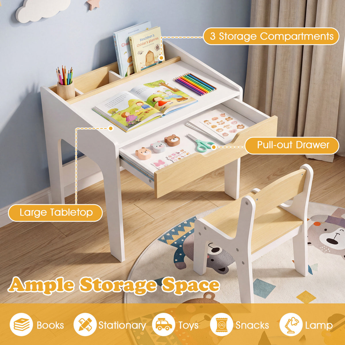 Wooden Kids Desk and Chair Set for Reading Drawing Playing