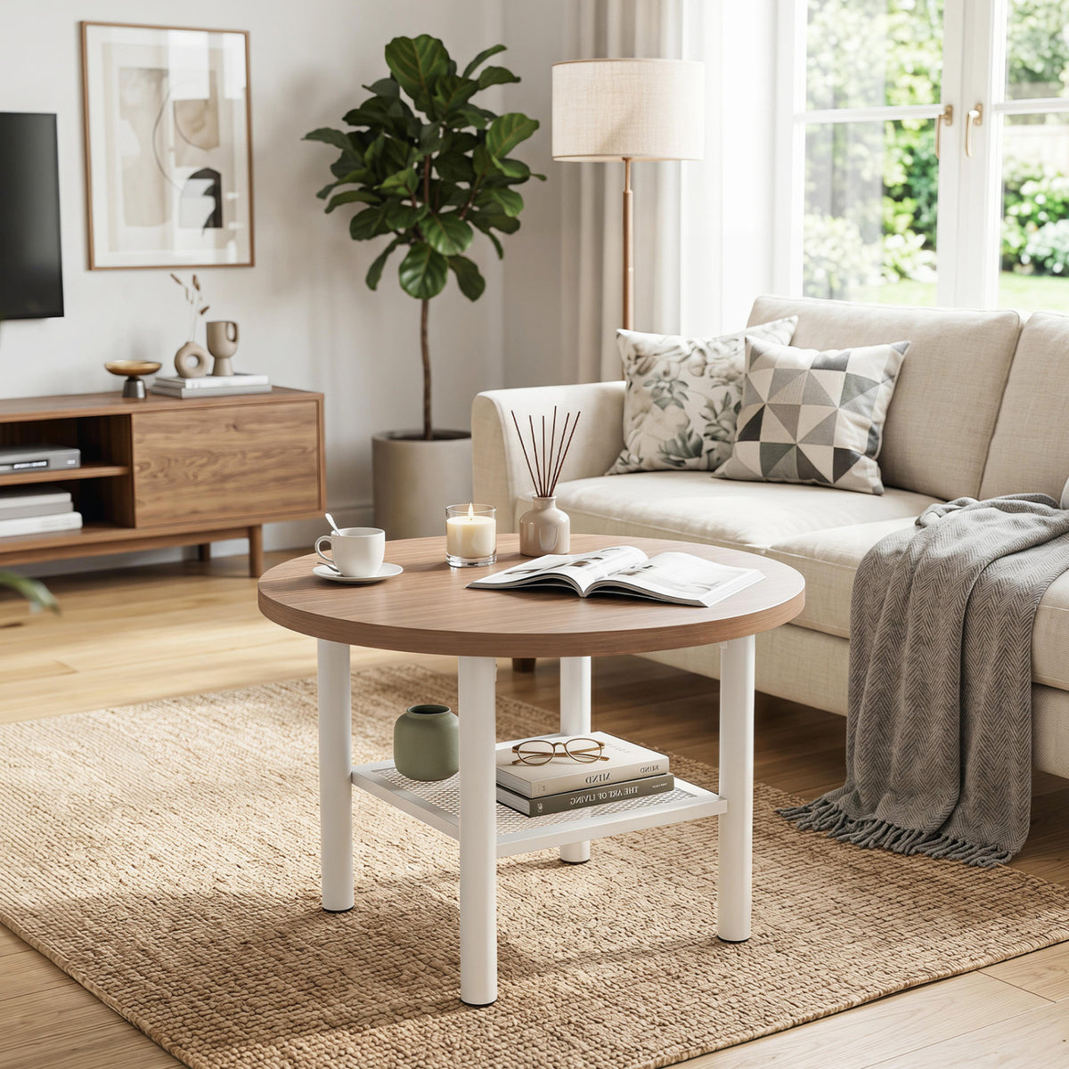 Modern Round Coffee Table Metal Frame 2-Tier with Storage Shelf