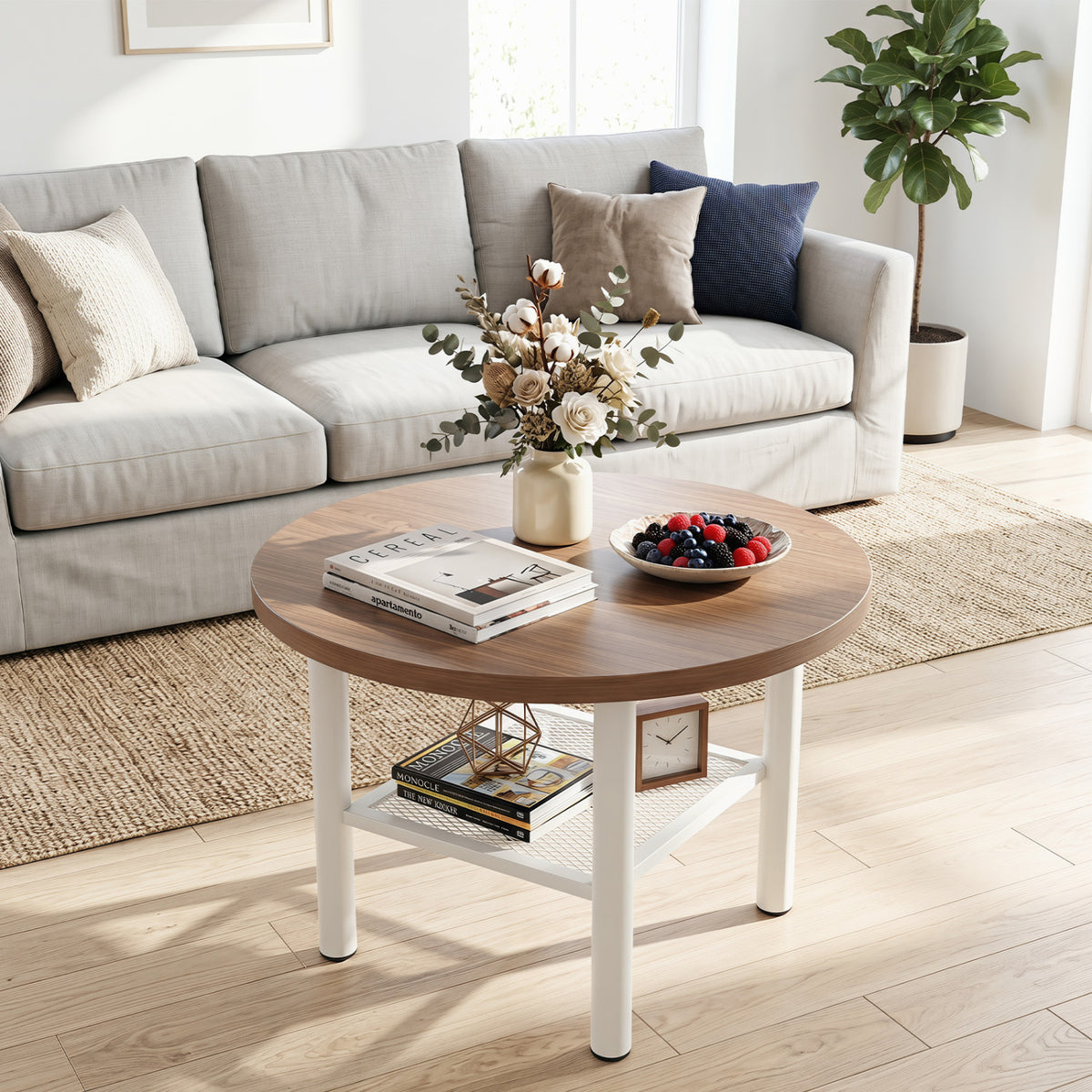 Modern Round Coffee Table Metal Frame 2-Tier with Storage Shelf