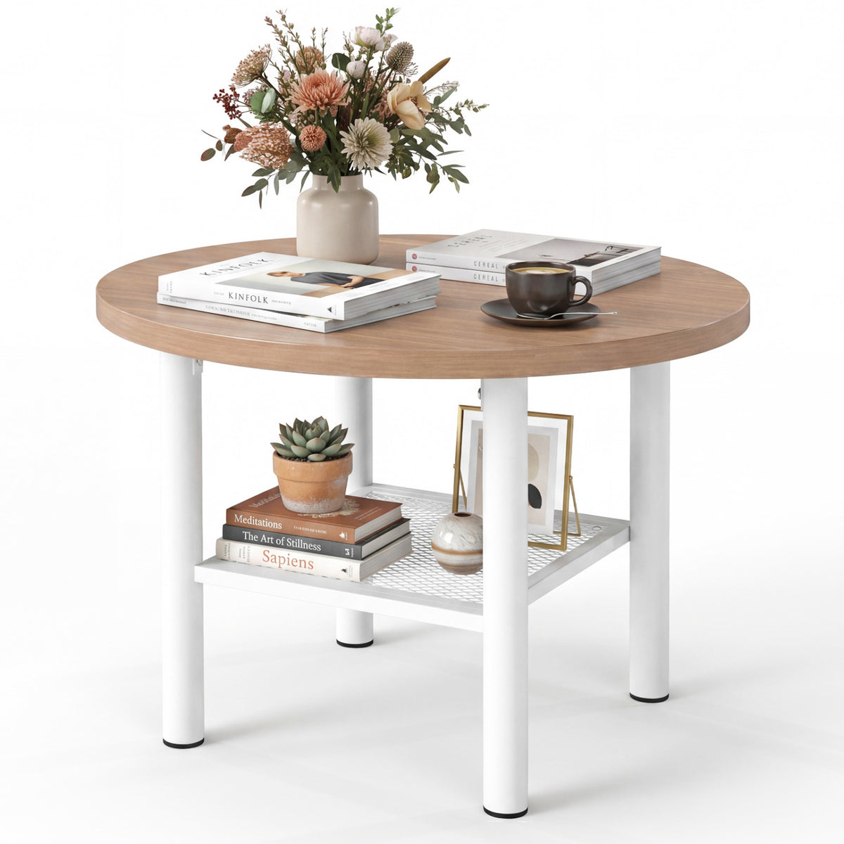 Modern Round Coffee Table Metal Frame 2-Tier with Storage Shelf