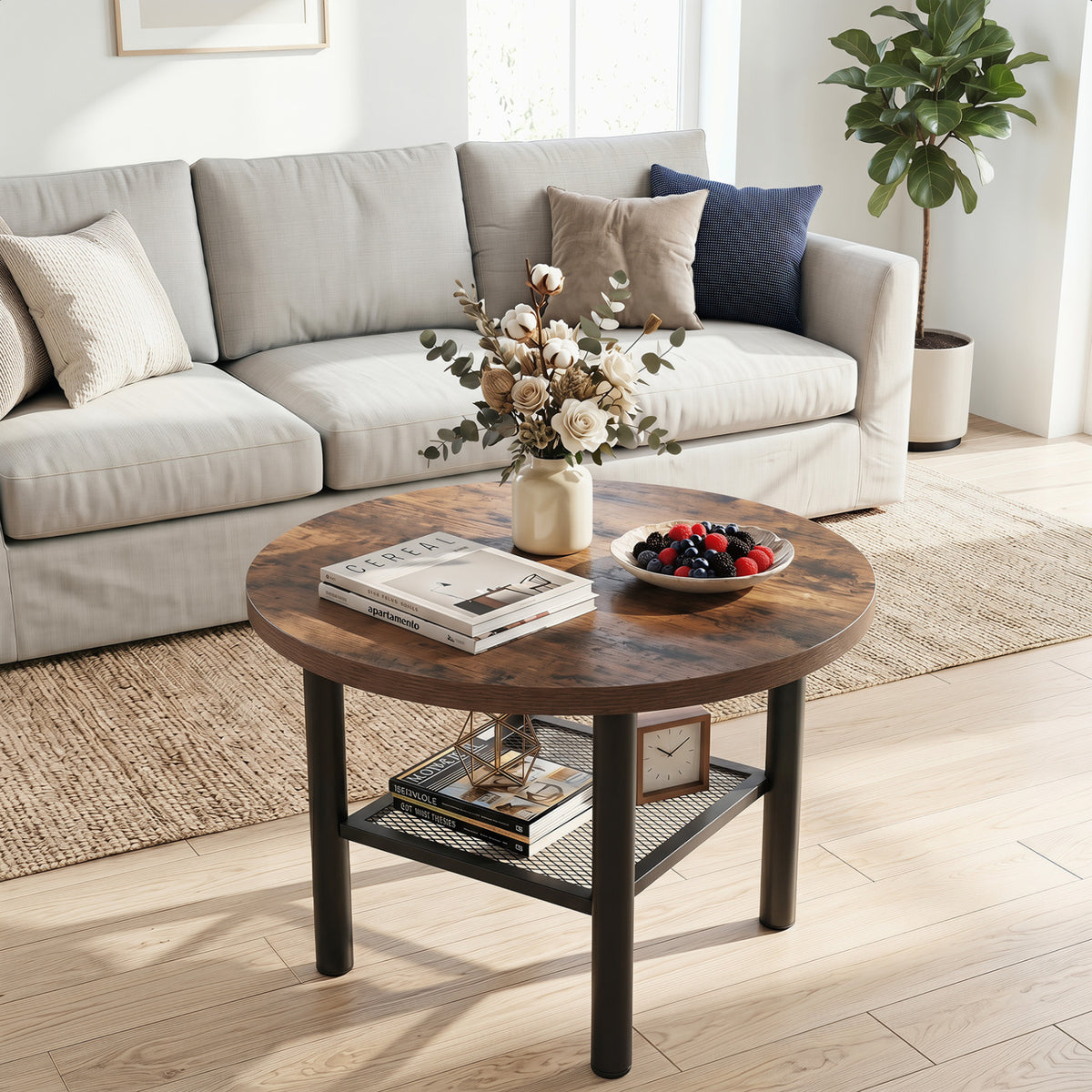Modern Round Coffee Table Metal Frame 2-Tier with Storage Shelf