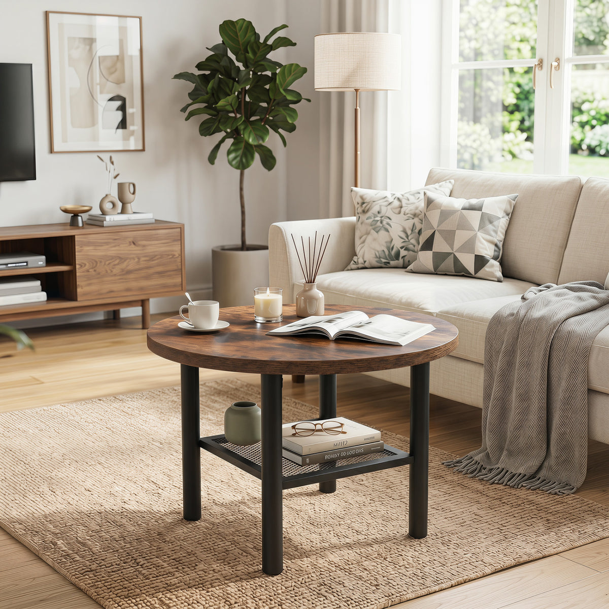 Modern Round Coffee Table Metal Frame 2-Tier with Storage Shelf