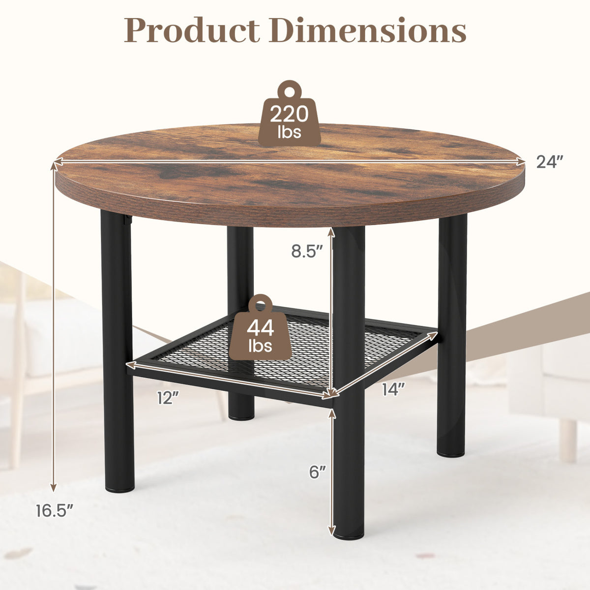 Modern Round Coffee Table Metal Frame 2-Tier with Storage Shelf