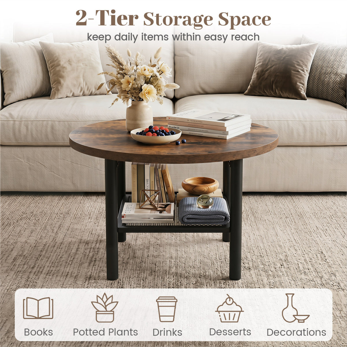 Modern Round Coffee Table Metal Frame 2-Tier with Storage Shelf