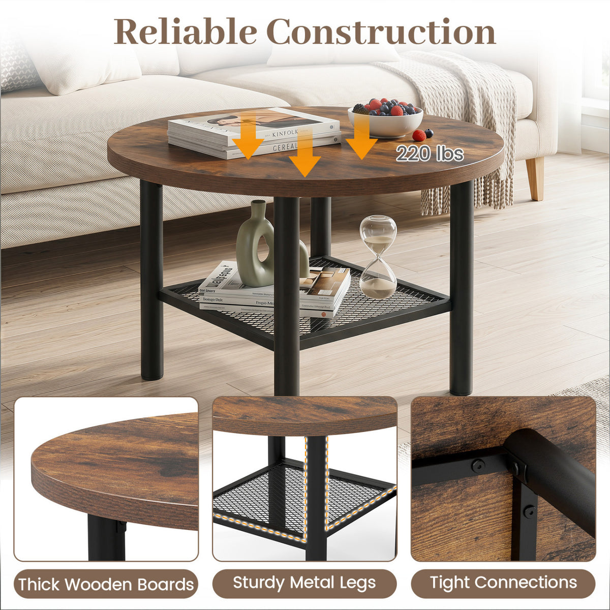 Modern Round Coffee Table Metal Frame 2-Tier with Storage Shelf